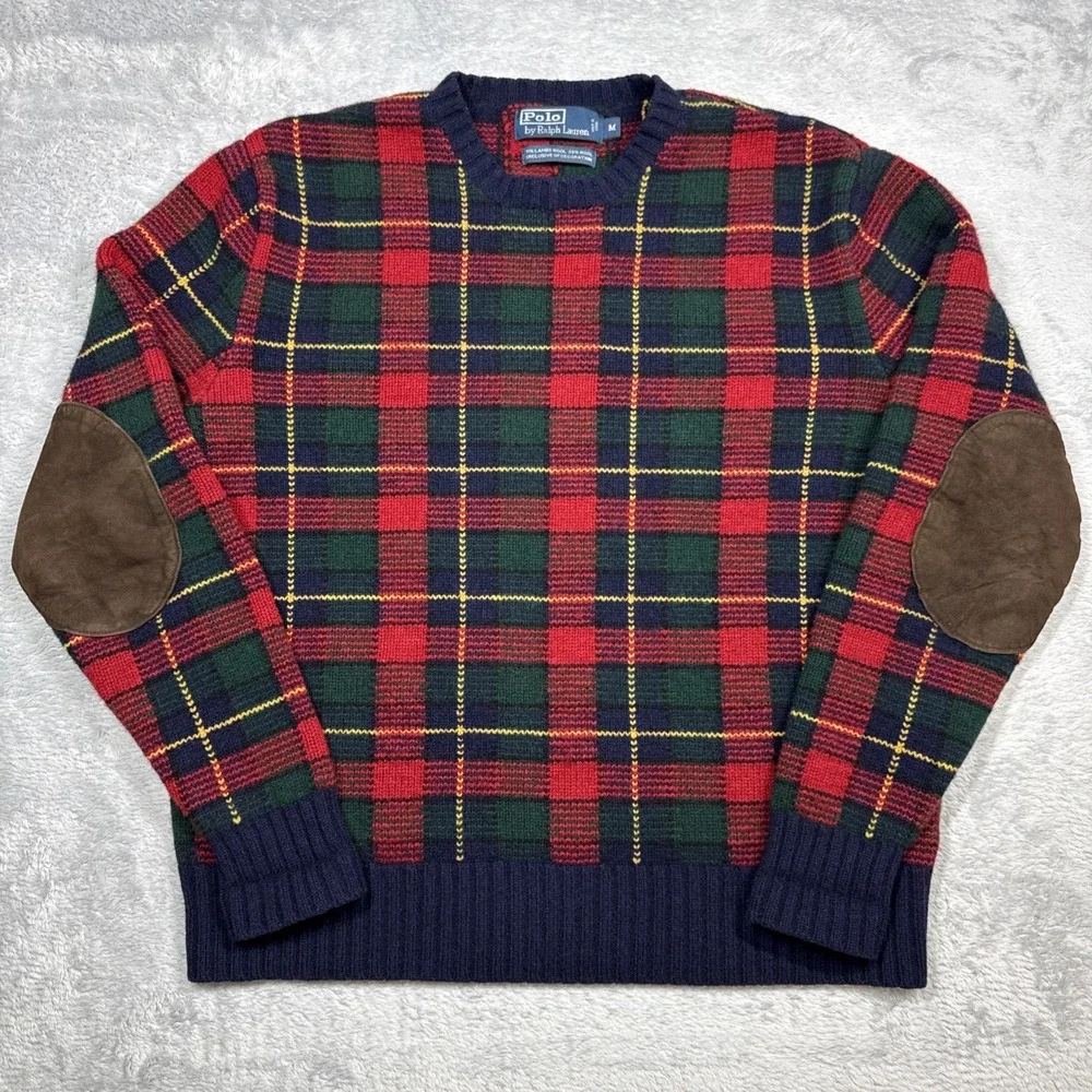 Vintage Polo Ralph Lauren Sweater Men M Red Plaid Wool Elbow Patches
